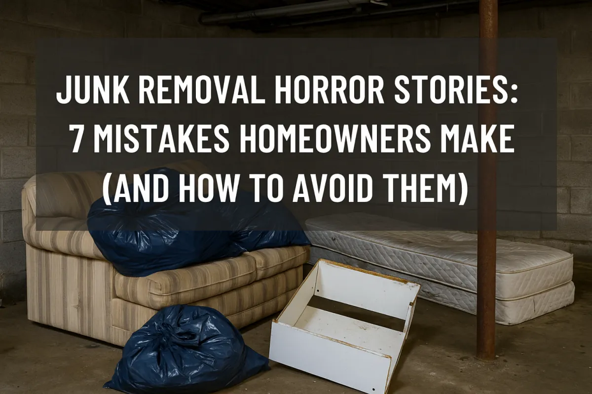 Cluttered basement with old sofa, mattress, trash bags, and broken furniture representing junk removal mistakes homeowners make.