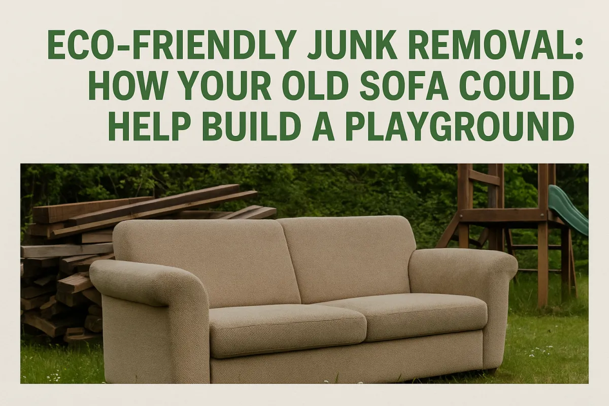 Old beige sofa placed outdoors with stacked wood and a playground in the background, symbolizing eco-friendly junk removal and repurposing.