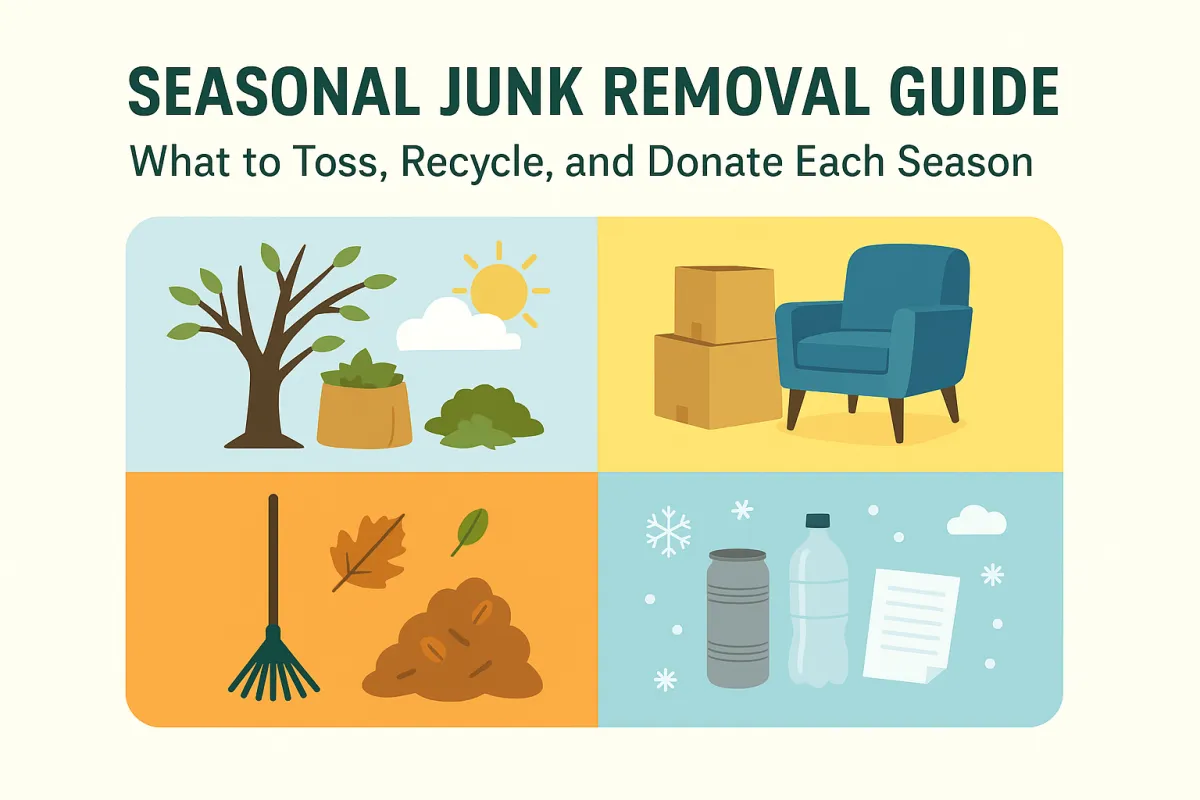 llustration of four seasons with icons of furniture, yard waste, and recyclables showing items to toss, recycle, and donate throughout the year.