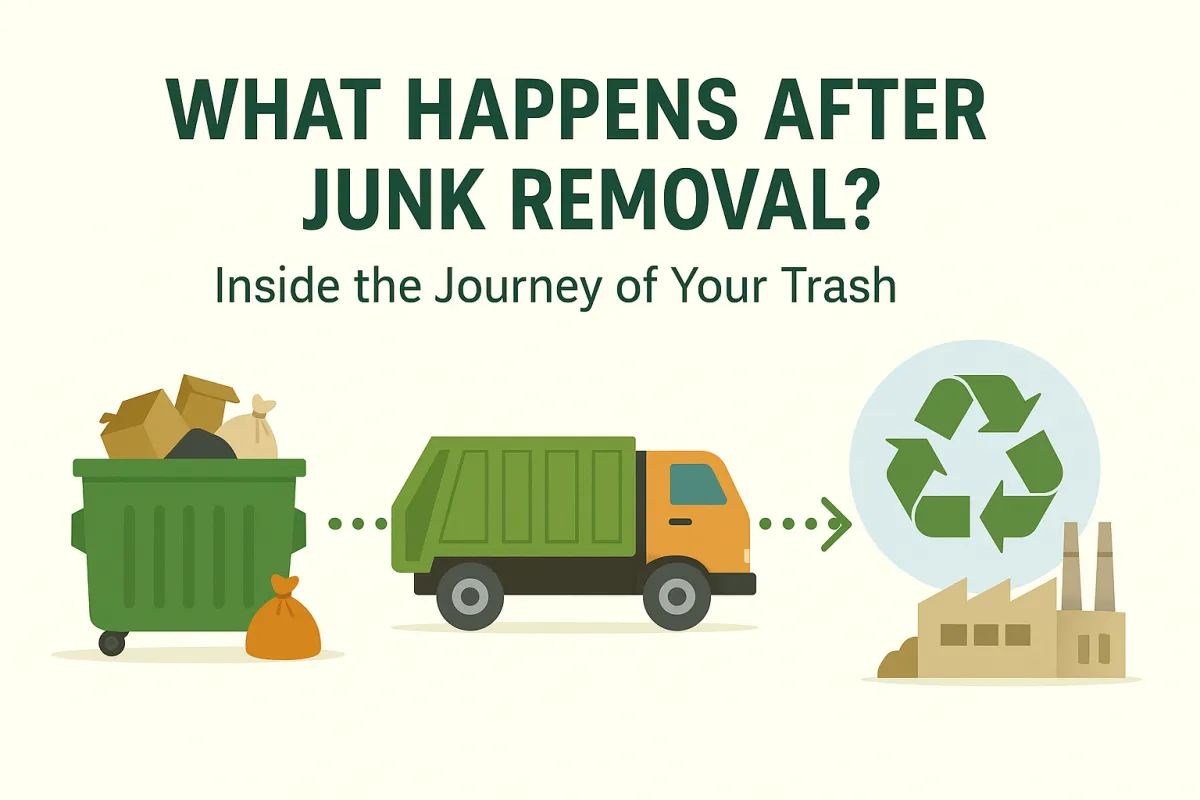 Flat illustration showing junk moving from a dumpster to a garbage truck, then to recycling and a processing plant, representing the journey of trash after removal.