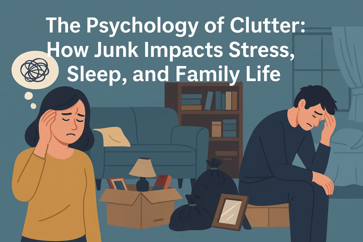 Illustration of stressed couple in a cluttered living room, surrounded by boxes and trash bags, symbolizing how junk impacts stress, sleep, and family life.