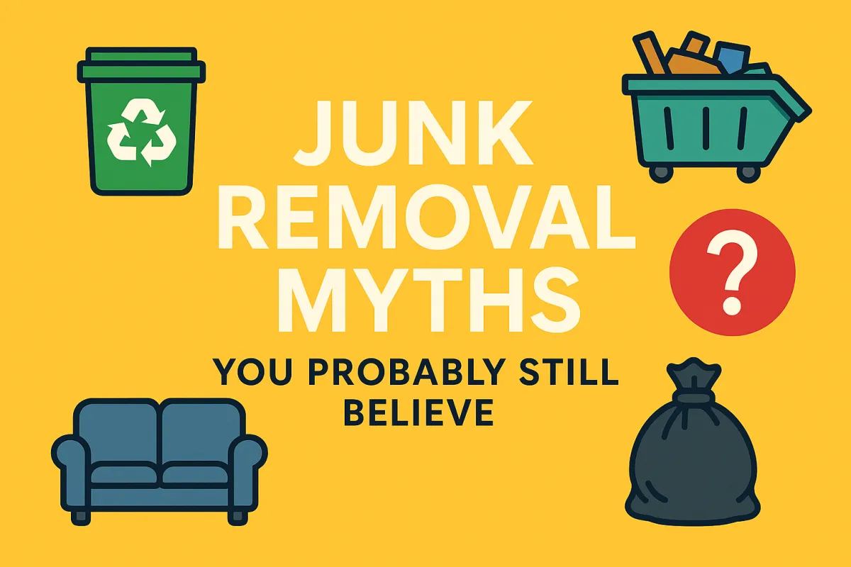 Flat-style illustration with icons of a recycling bin, garbage bag, dumpster, and sofa surrounding the title 'Junk Removal Myths You Probably Still Believe' on a yellow background.