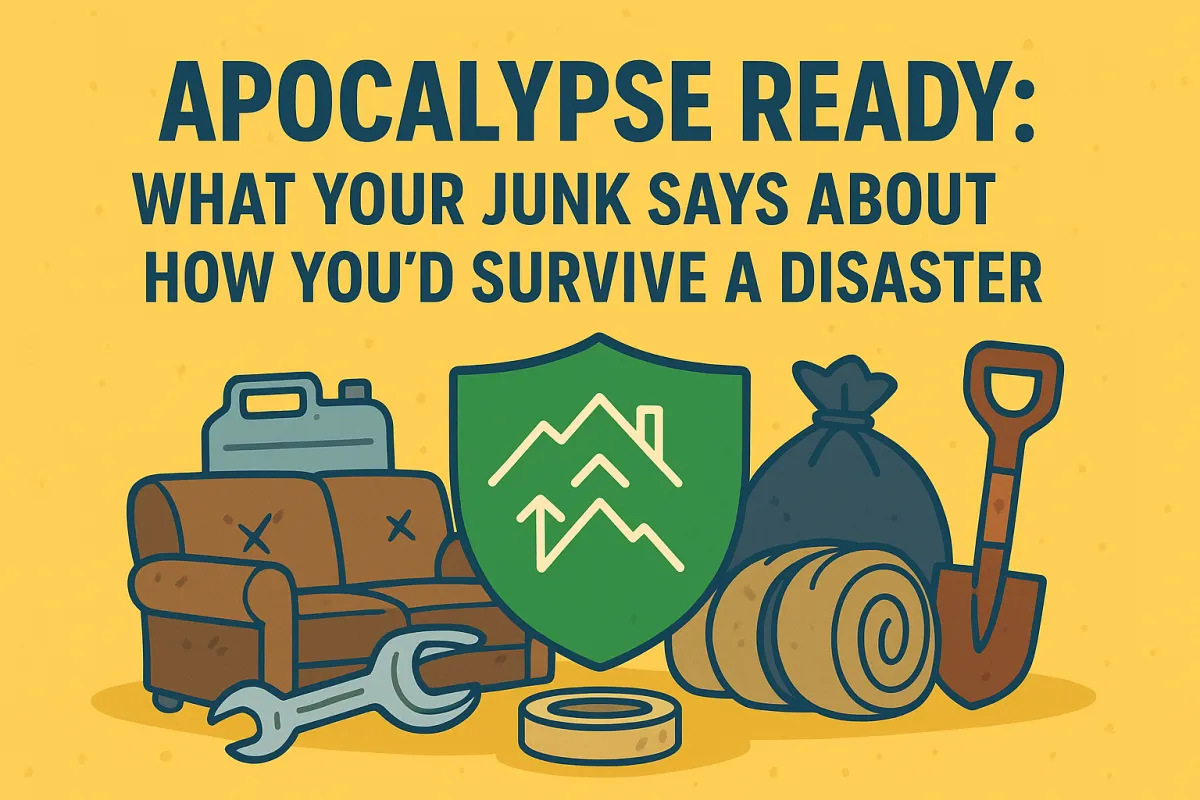 Flat digital illustration with a couch, wrench, garbage bag, and camping gear around a green survival shield, representing how household junk relates to disaster preparedness