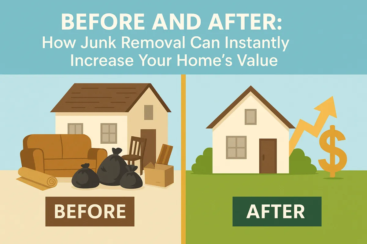 Flat digital illustration showing a before-and-after comparison of a cluttered home transforming into a clean, organized house with an upward dollar sign symbolizing increased value.