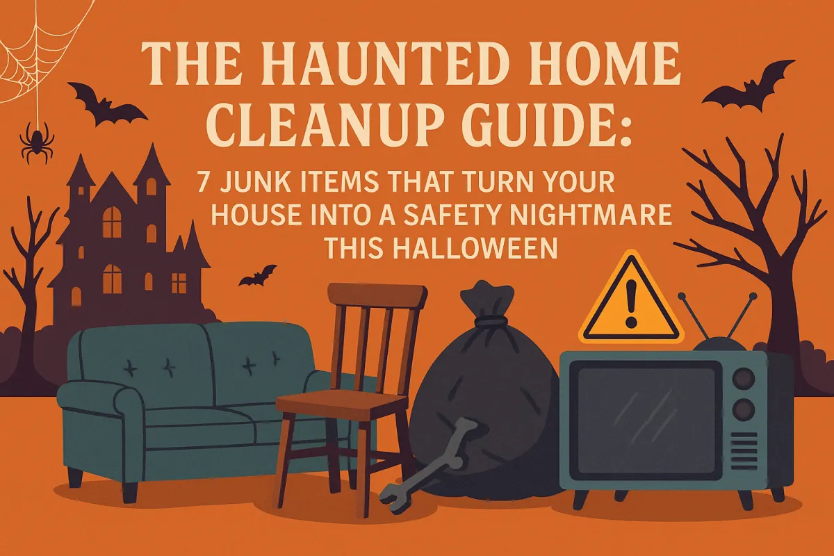 Halloween-themed illustration showing junk items like an old sofa, broken chair, trash bag, and TV in front of a haunted house, symbolizing dangerous clutter during the season.