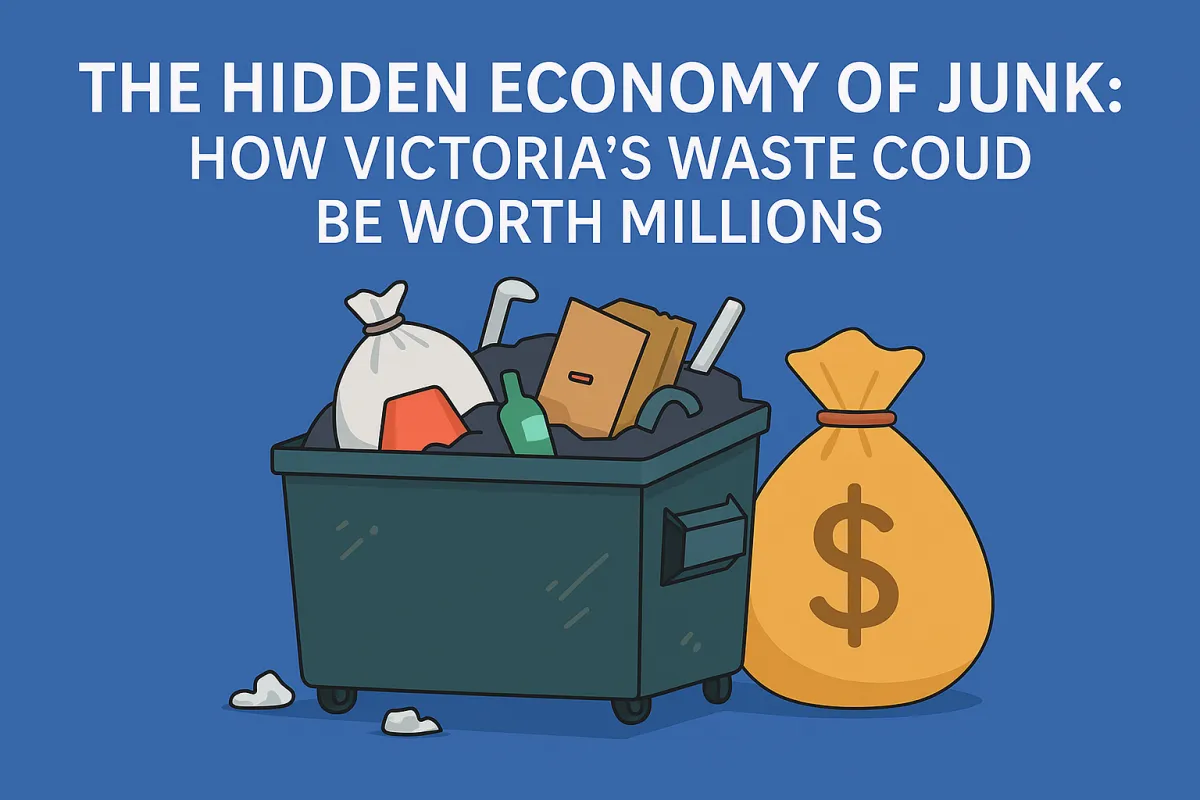 Flat digital illustration of a dumpster filled with junk beside a gold money bag, representing how waste can hold hidden economic value in Victoria.