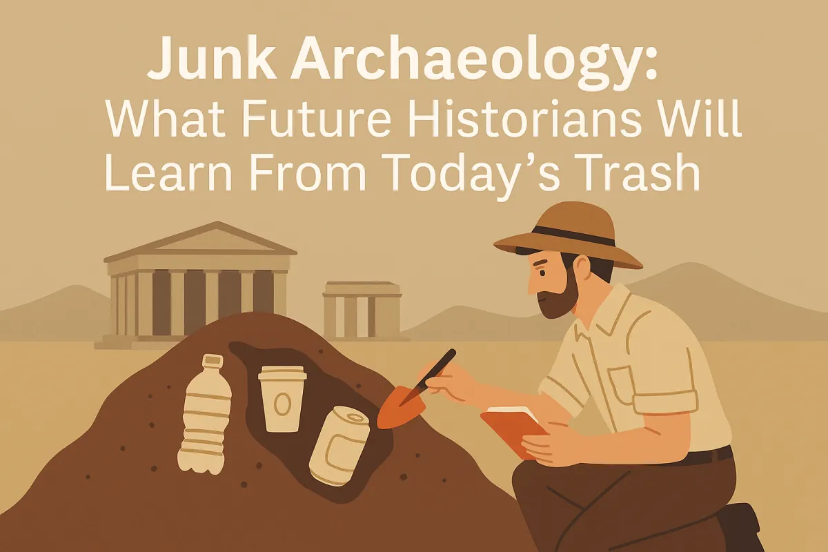 Illustration of an archaeologist digging up modern trash items like a plastic bottle and coffee cup near ancient ruins, symbolizing future discoveries from today’s waste.
