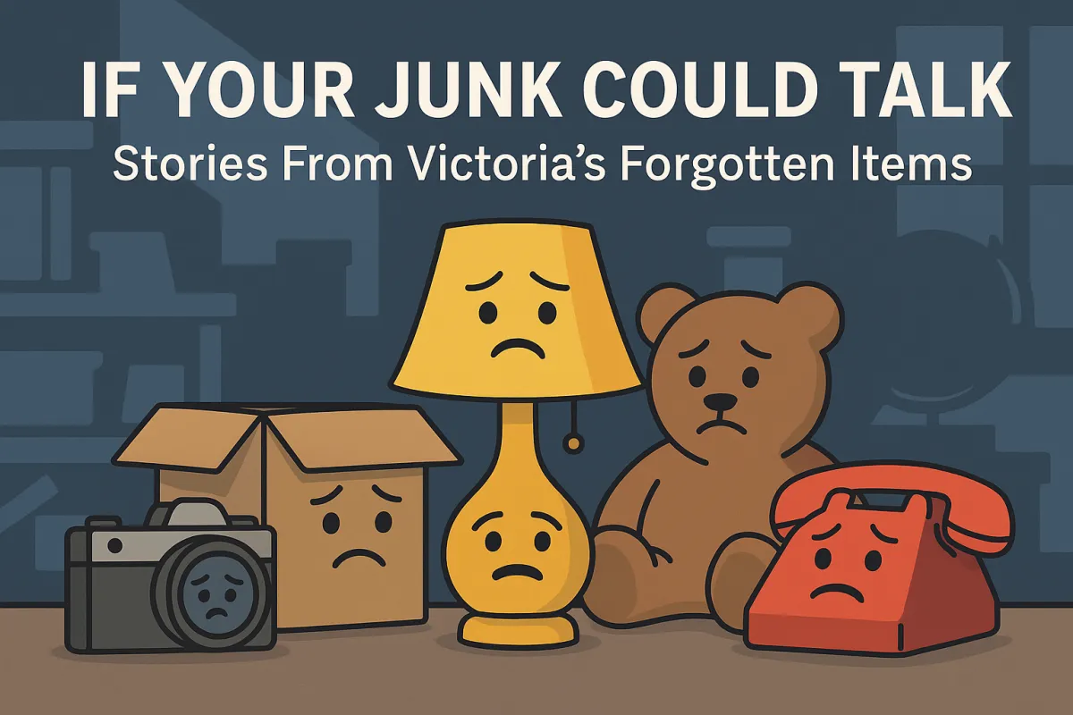 Illustration of forgotten household items like a teddy bear, lamp, and phone with sad faces, symbolizing stories from Victoria’s discarded junk.