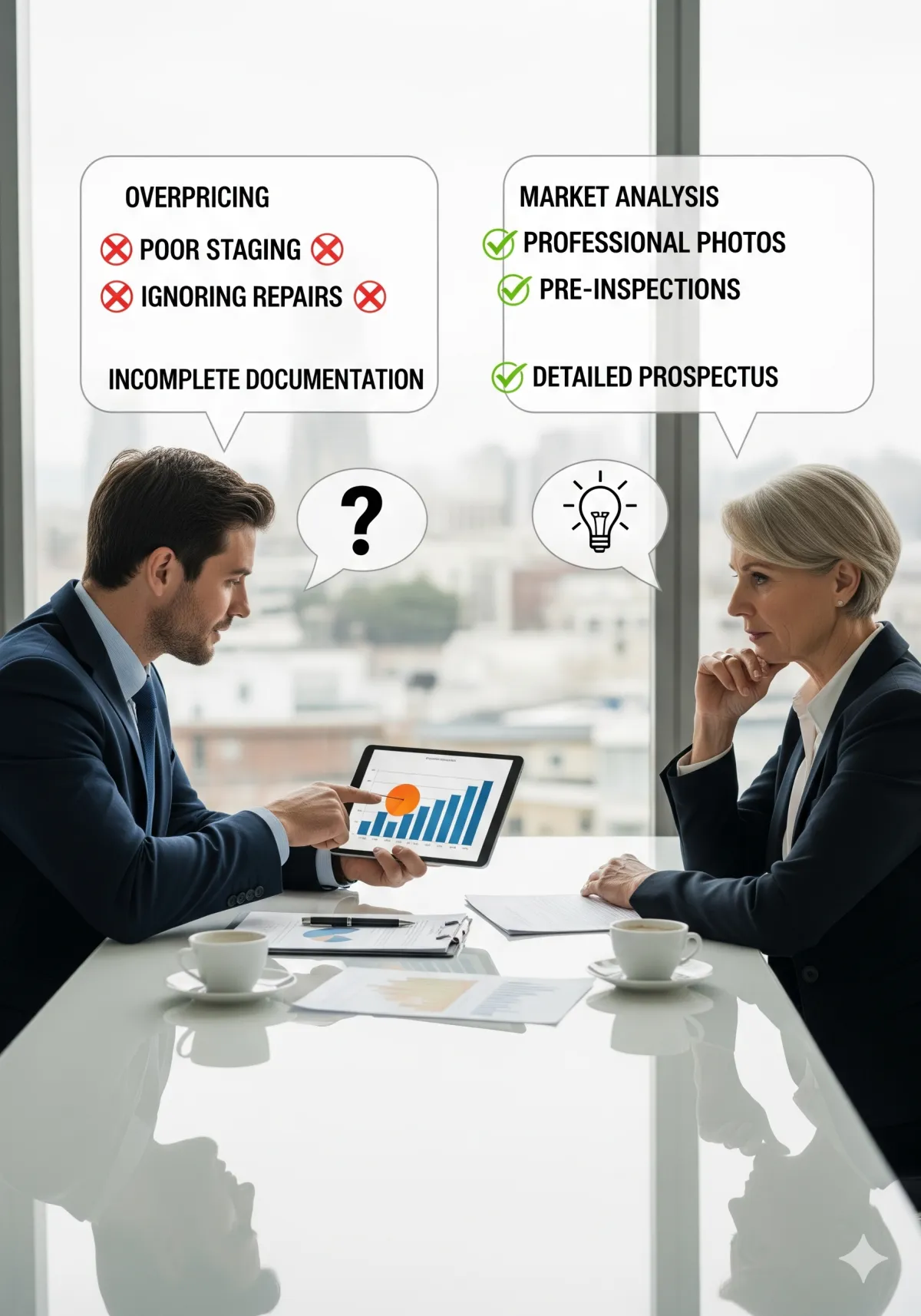 Commercial property seller in a modern office looking stressed while reviewing documents, representing common mistakes in property sales and marketing.