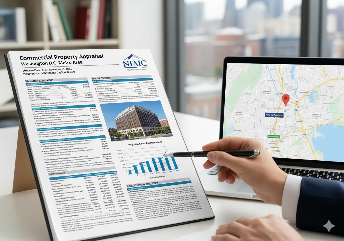A close-up shot of a commercial property appraisal report for a building in the Washington D.C. Metro Area. A hand points to a market trends graph on the report while a laptop with a map of D.C. sits nearby.