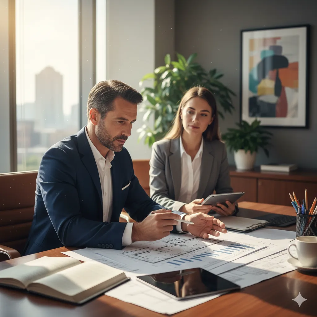 A diptych of a professional man in a suit. On the left, he holds a briefcase with the word "BROKER" on it. On the right, he is reviewing a document titled "APPRAISAL REPORT," representing dual expertise in real estate.