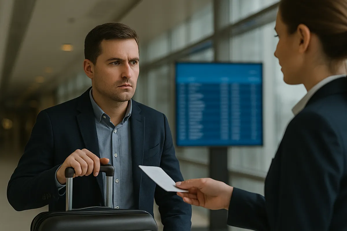 Homem de aparência séria segura uma mala de rodinhas enquanto conversa com uma funcionária da companhia aérea em um terminal de aeroporto. Ao fundo, há um painel de voos desfocado. A imagem transmite um momento de tensão ou frustração.
