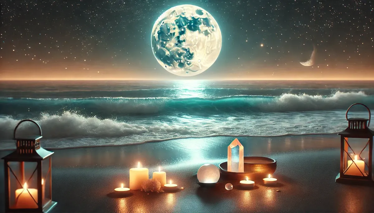 A serene night scene under the full moon, with soft waves gently lapping against a sandy shore. The moonlight reflects on the water, creating a calming and nurturing atmosphere. In the foreground, there are glowing candles, crystals (such as Moonstone and Selenite), and a small bowl of water placed on a sandy surface, symbolising emotional healing and renewal under the Cancer Full Moon