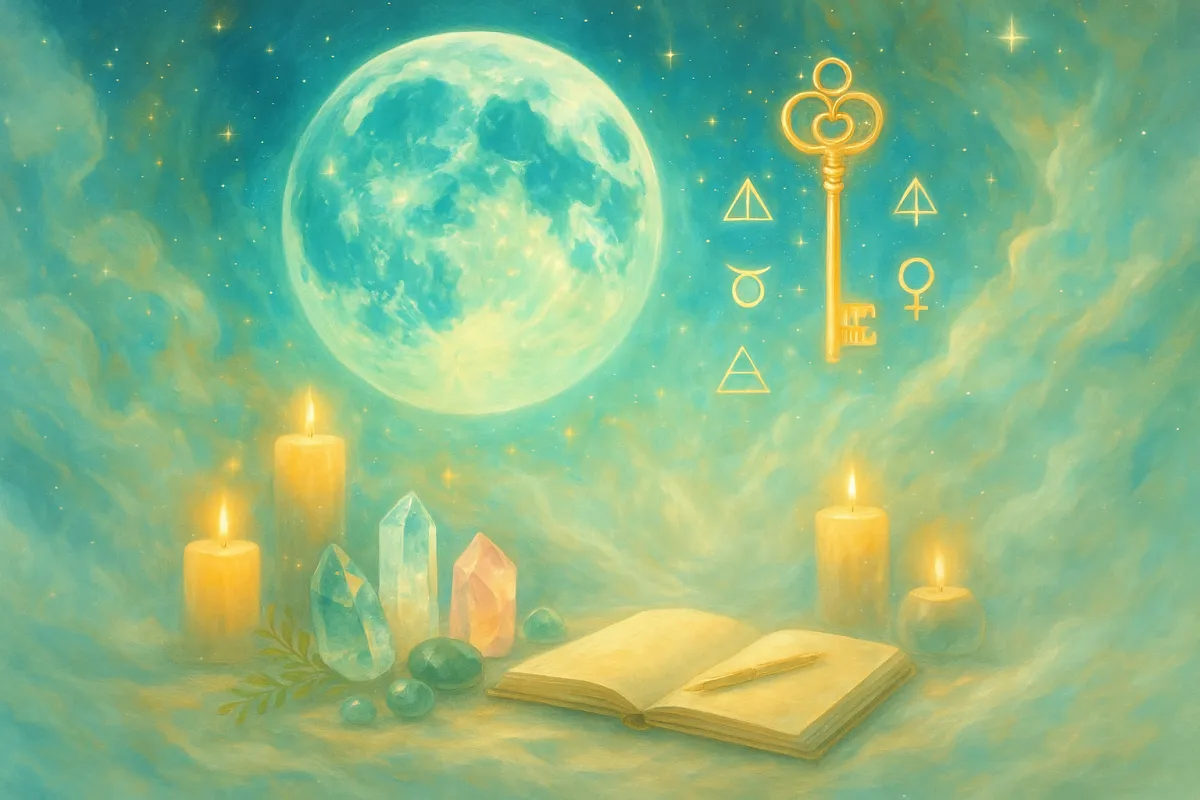 Mystical Gemini New Moon scene with a glowing turquoise moon, surrounded by stars and nebula clouds, above a ritual altar with candles, crystals, herbs, and an open journal with a pen.