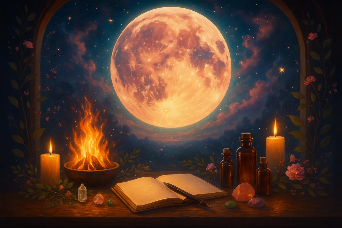 Mystical fire ritual beneath a luminous Sagittarius Full Moon, with candles, crystals, and an open journal on a sacred altar surrounded by flowers and golden light.