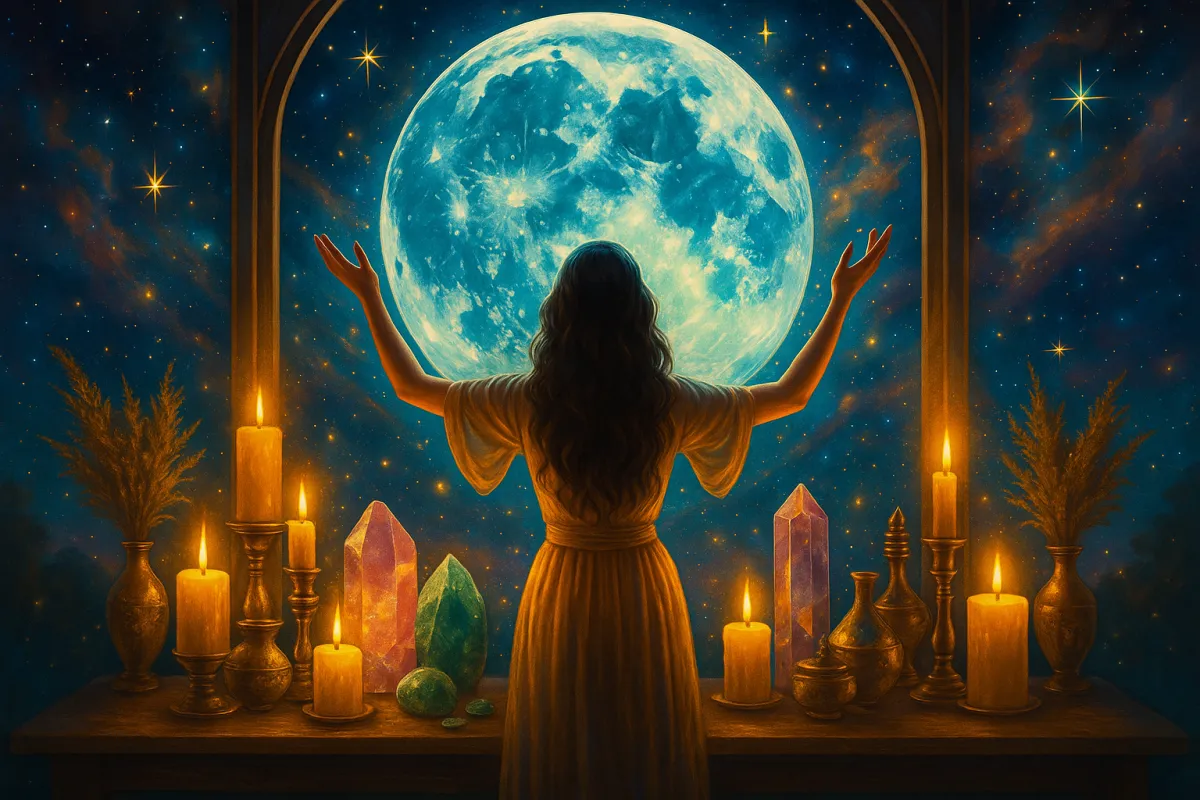 A mystical digital painting depicting a golden celestial lion under a radiant night sky, surrounded by glowing stars and warm solar light, symbolizing the bold, heart-led energy of the Leo New Moon.