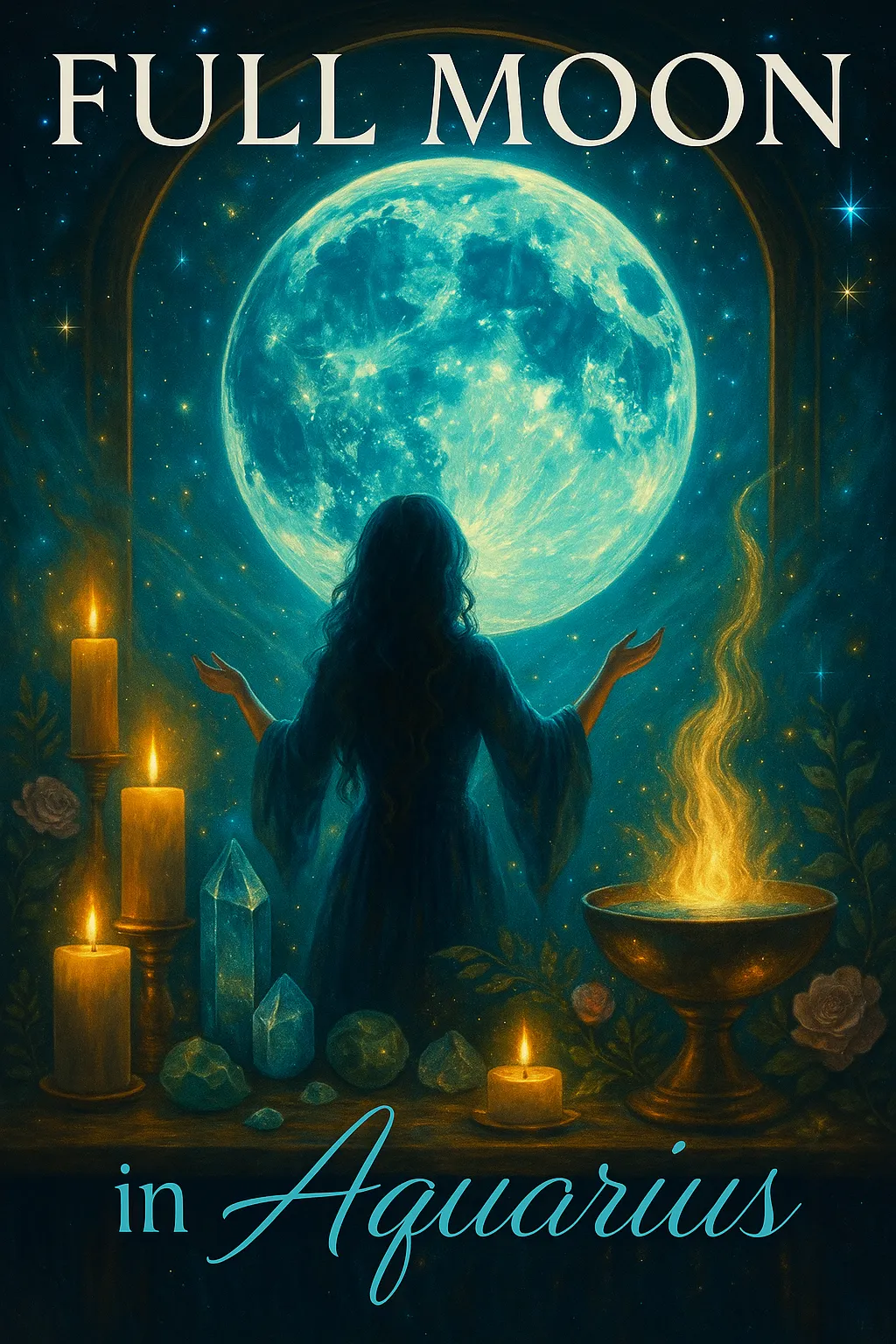A mystical digital painting of the Aquarius Full Moon glowing over a cosmic cityscape, with sacred geometry and starlight, capturing the energy of liberation and divine vision.