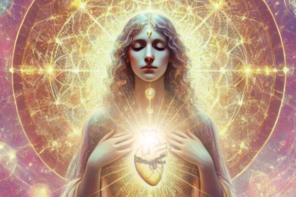 n ethereal oracle card illustration titled ‘Mother Wound.’ A serene, goddess-like figure with flowing hair sits in meditation against a radiant cosmic background of golden sacred geometry. She holds her hands near a glowing, chained heart at her chest, symbolizing ancestral and maternal healing. Card number 5 appears in a golden circle in the upper corner.