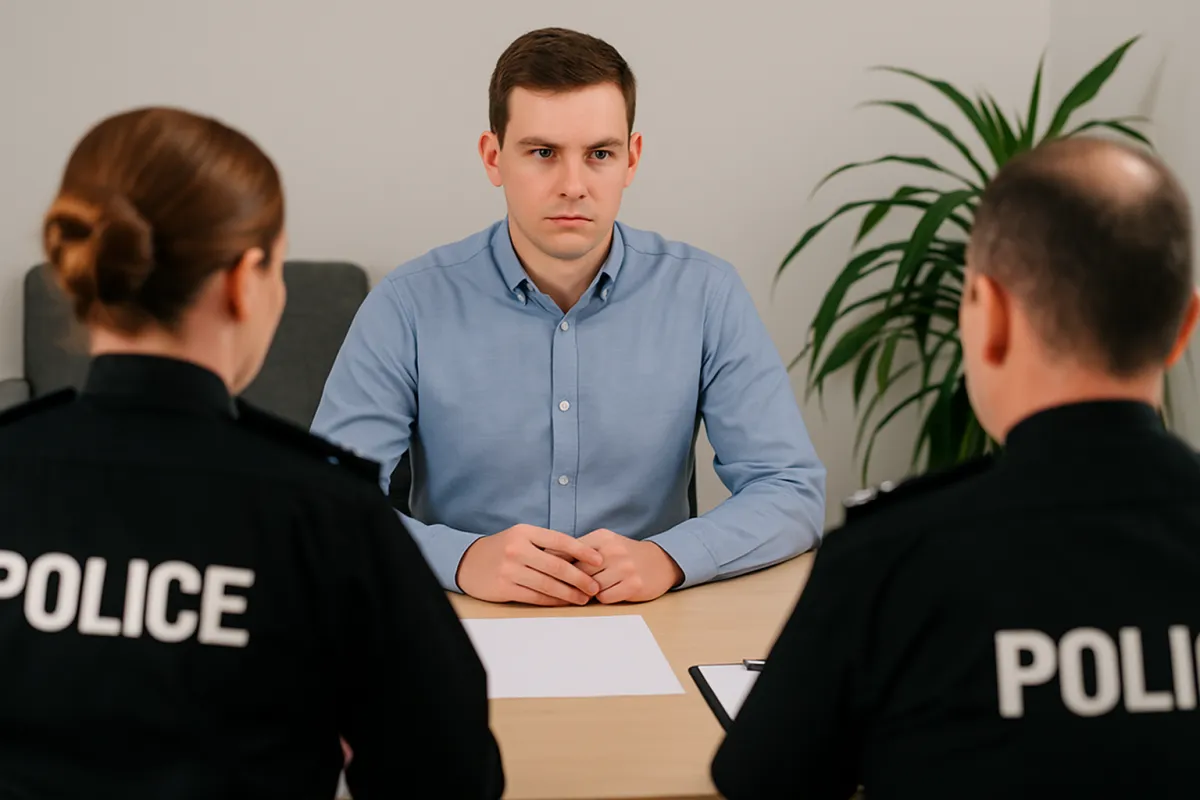 A focused police recruitment candidate sitting across from interviewers in uniform, preparing to answer tough interview questions.