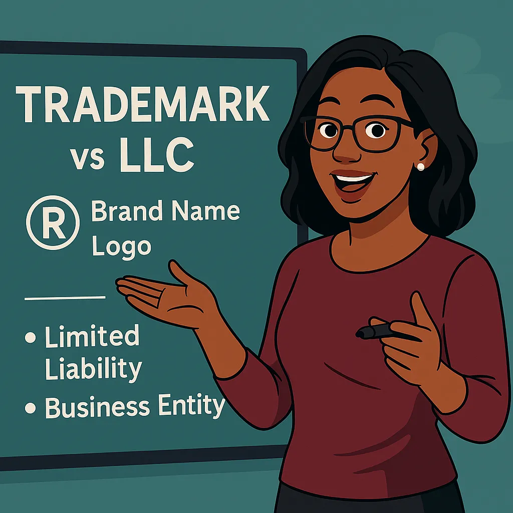 Tiffany Stepney explaining the difference between LLC and Trademark on a legal whiteboard