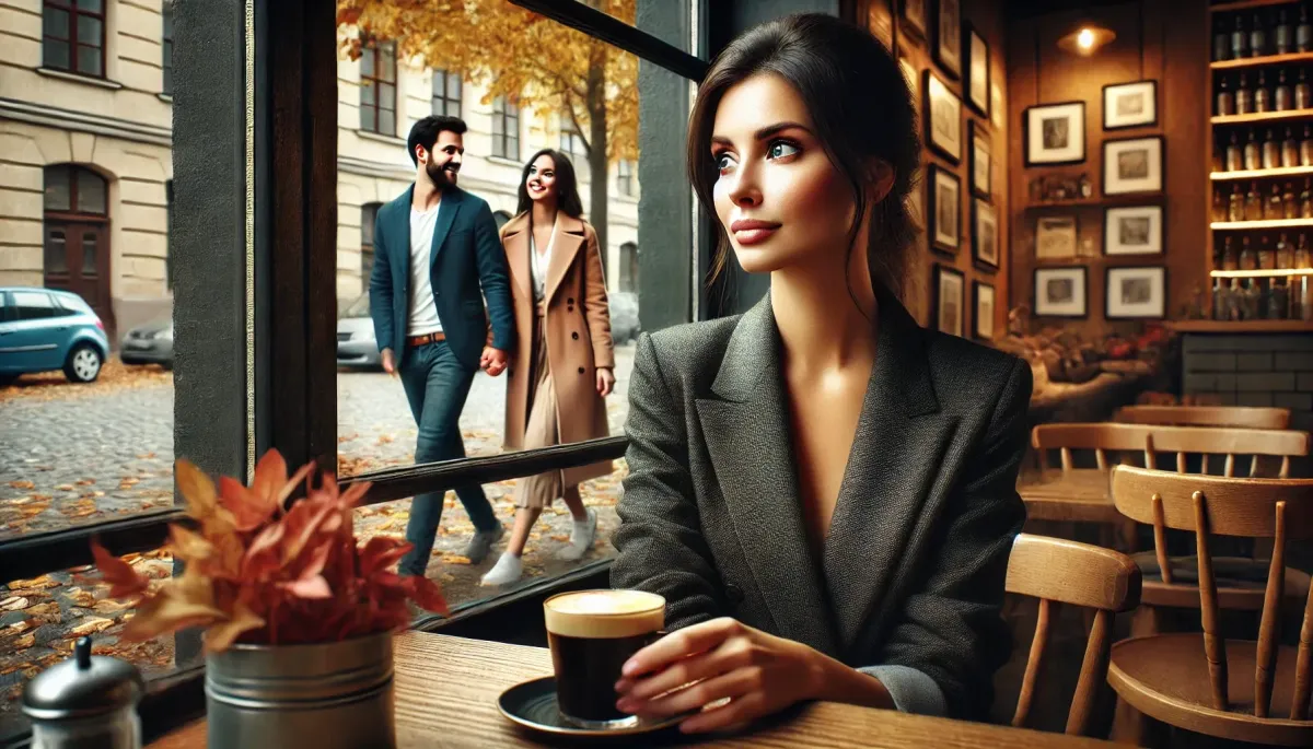 Professional woman sitting in a cozy cafe, looking out a window at a smiling couple walking hand in hand, with a slightly jealous expression on her face. The image conveys introspection and emotional depth, aligning with themes of coping and self-worth after seeing an ex move on.