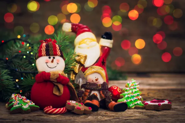 santa snowman and christmas tree in front of a tree branch and christmas lightss