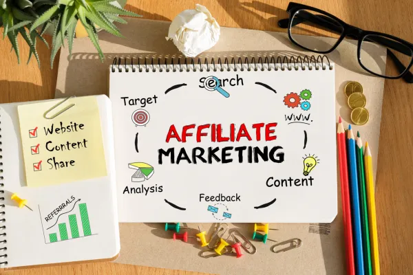 the word affiliate marketing on a notepad and another notepad with website, content and share written on it