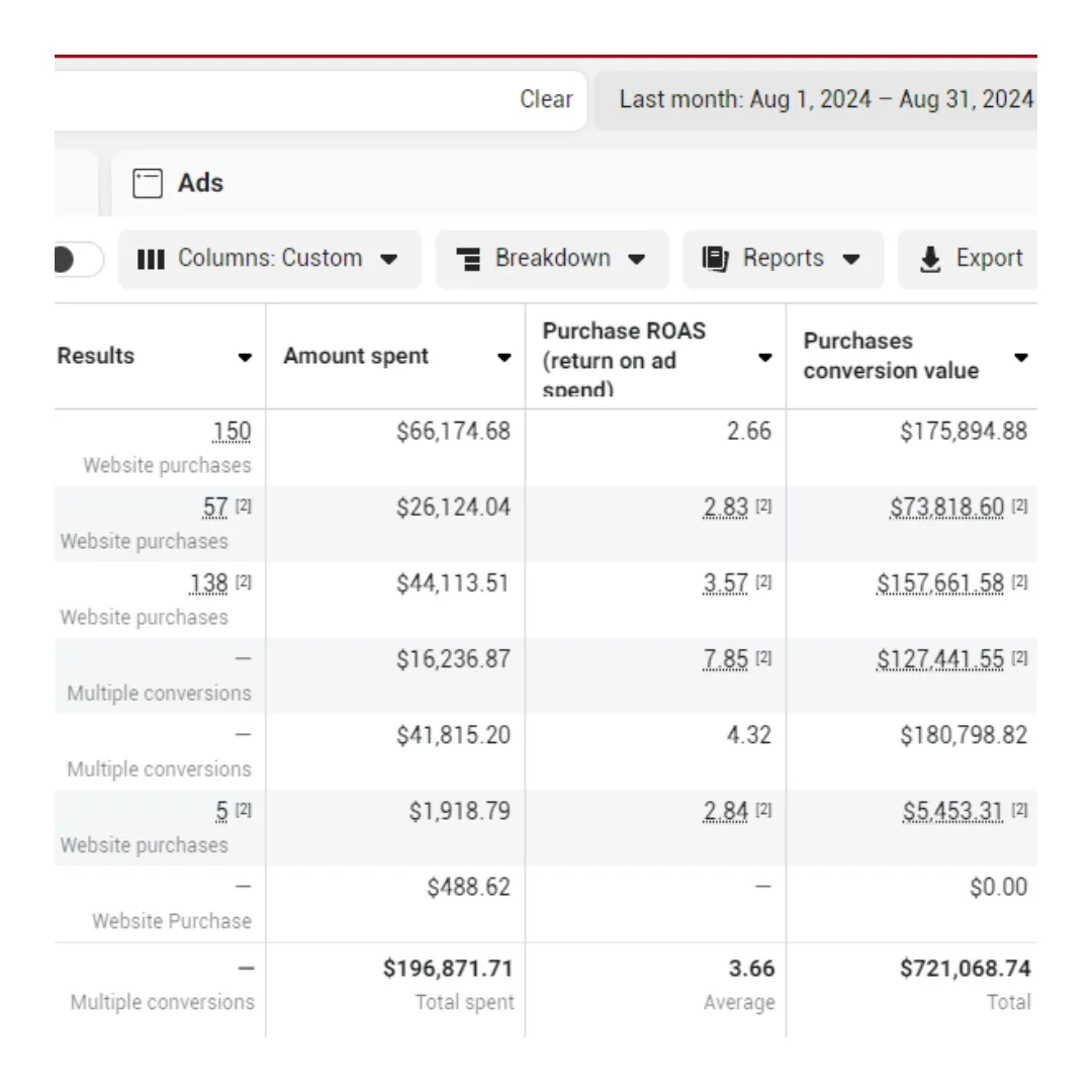 Shopify sales results from Facebook Ads campaign