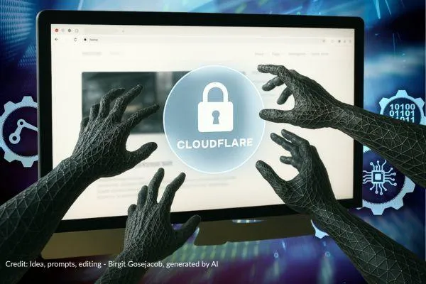 A computerscreen with a webpage showing a locked icon and "cloudflare". Hands trying to gab the content. Background various icons associated with AI to symolize this happens in the AI world.