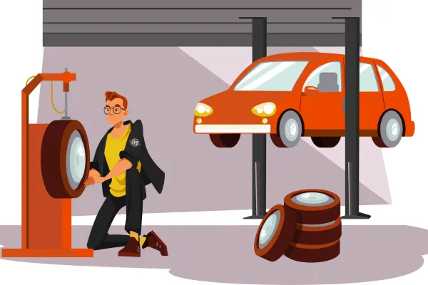 Clipart of mechanic using tire machine with vehicle needing tires in the backgorund