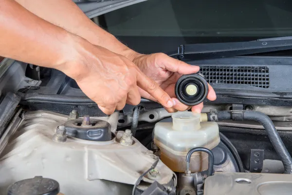 technician pointing to brake fluid 