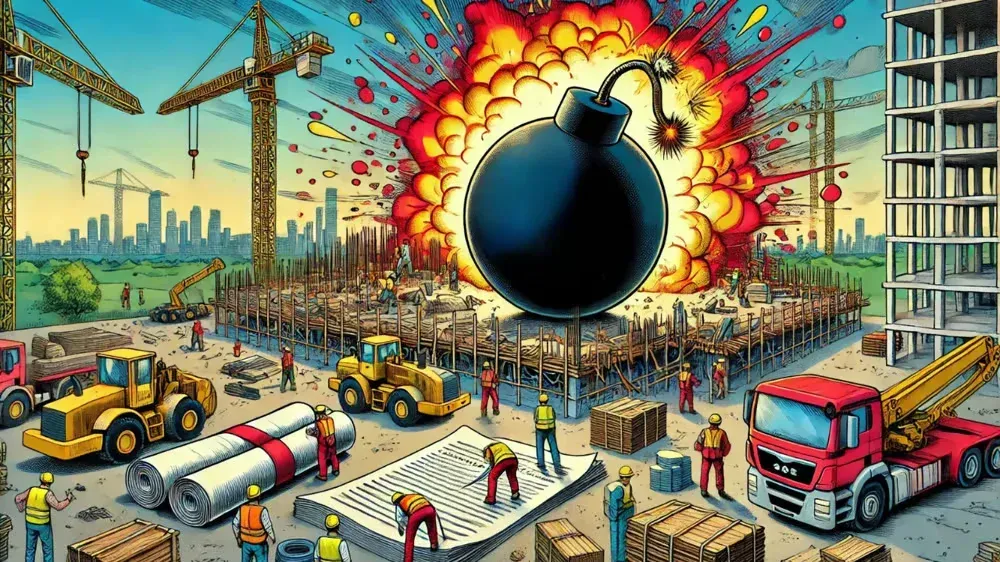 Digital illustration of a large bomb exploding on a construction site, symbolizing a high-risk contract clause that can bankrupt a business overnight.