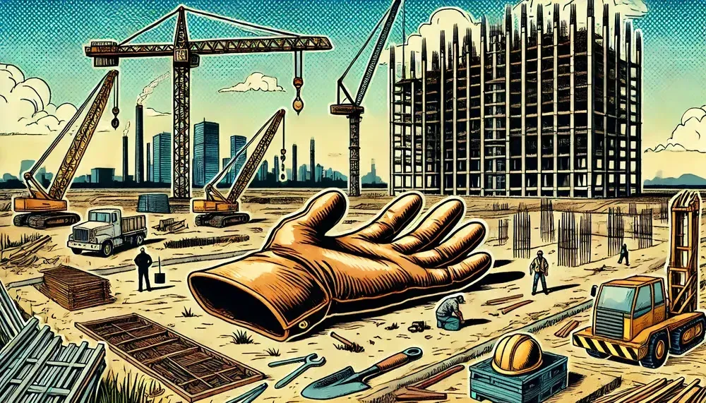 An illustration of a giant worker's glove lying abandoned on a construction site, symbolizing the hidden labor crisis and workforce shortages crippling the construction industry.