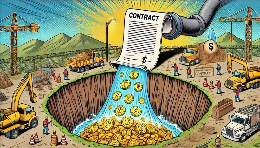 Illustration of gold coins and money leaking out of a construction contract document into a hole, symbolizing profit loss on site.