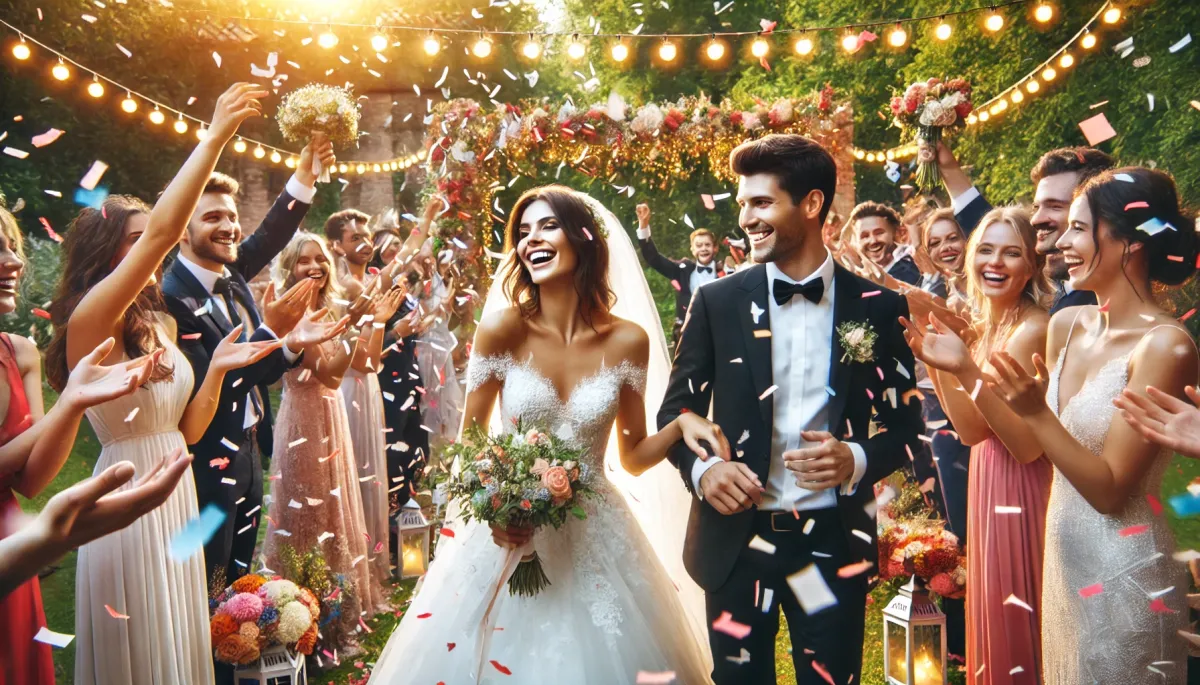 A vibrant outdoor wedding scene featuring a bride and groom smiling