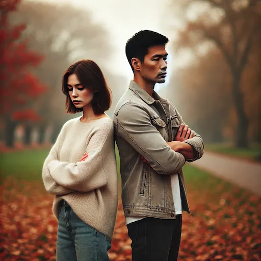 man and woman back to back with arms crossed and looking sad