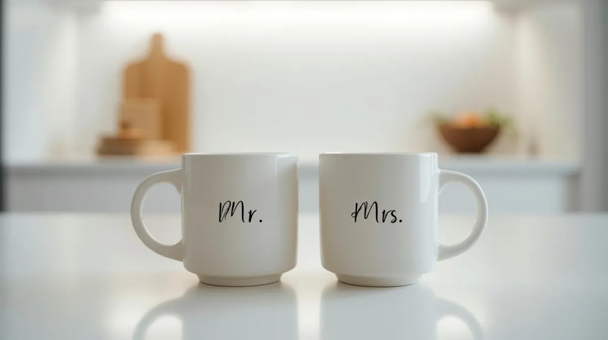 Mr. and Mrs. coffee cups on a counter