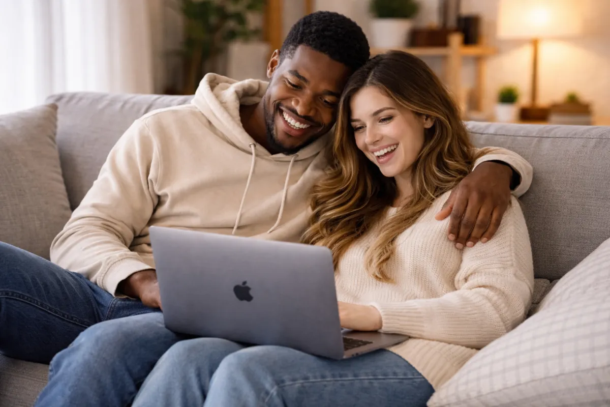 young couple sitting on their coach during a premarital counseling session