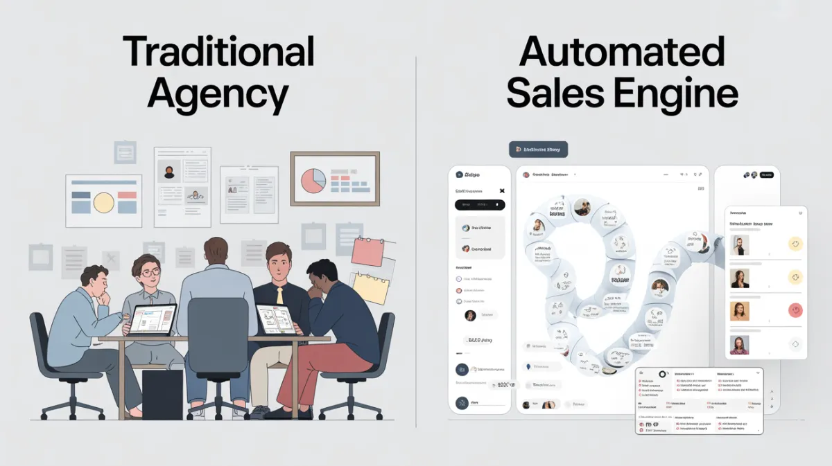 Visual comparison of traditional sales agency model versus automated sales engine highlighting differences in control, speed, cost, and scalability.