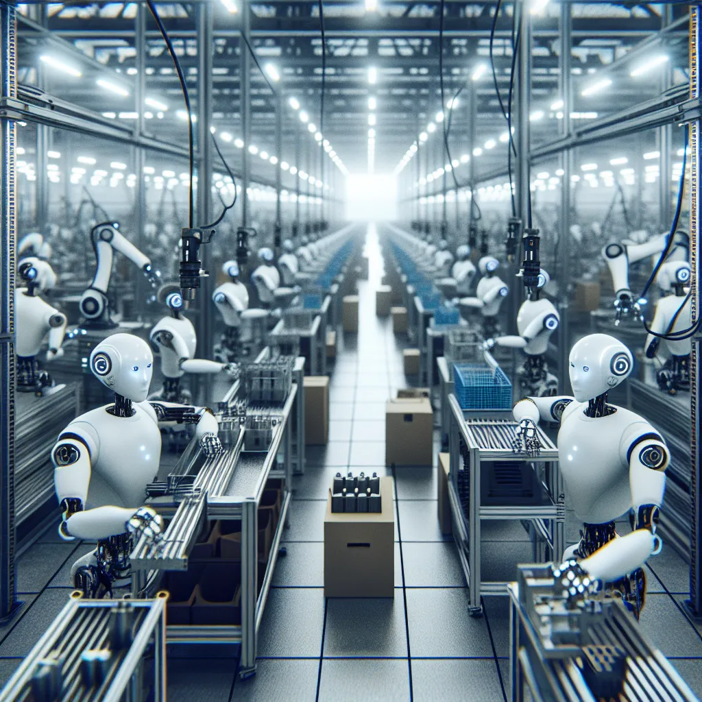 Warehouse manager overseeing automated robotics in a spacious, sunlit industrial setting