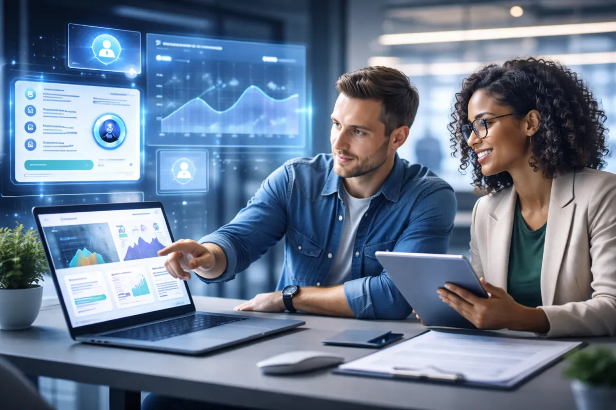 Two professionals discussing AI-driven CRM strategies at a tech startup