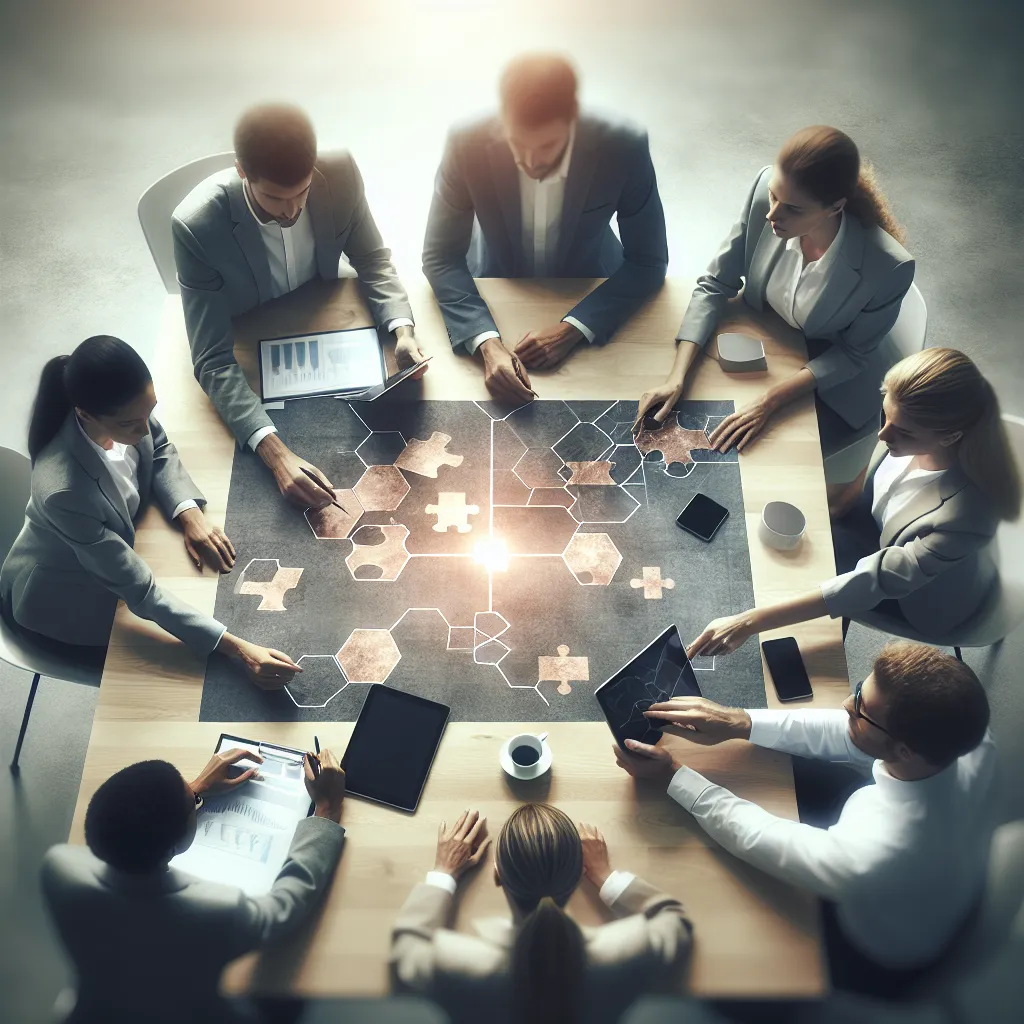 Business team strategizing over AI integration plans on a modern office table
