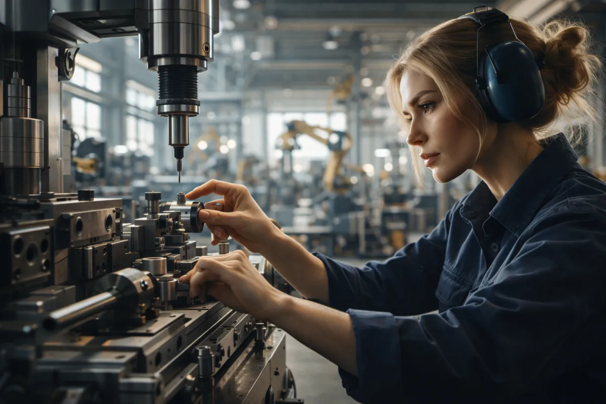 Engineer inspecting manufacturing equipment with AI predictive maintenance tools