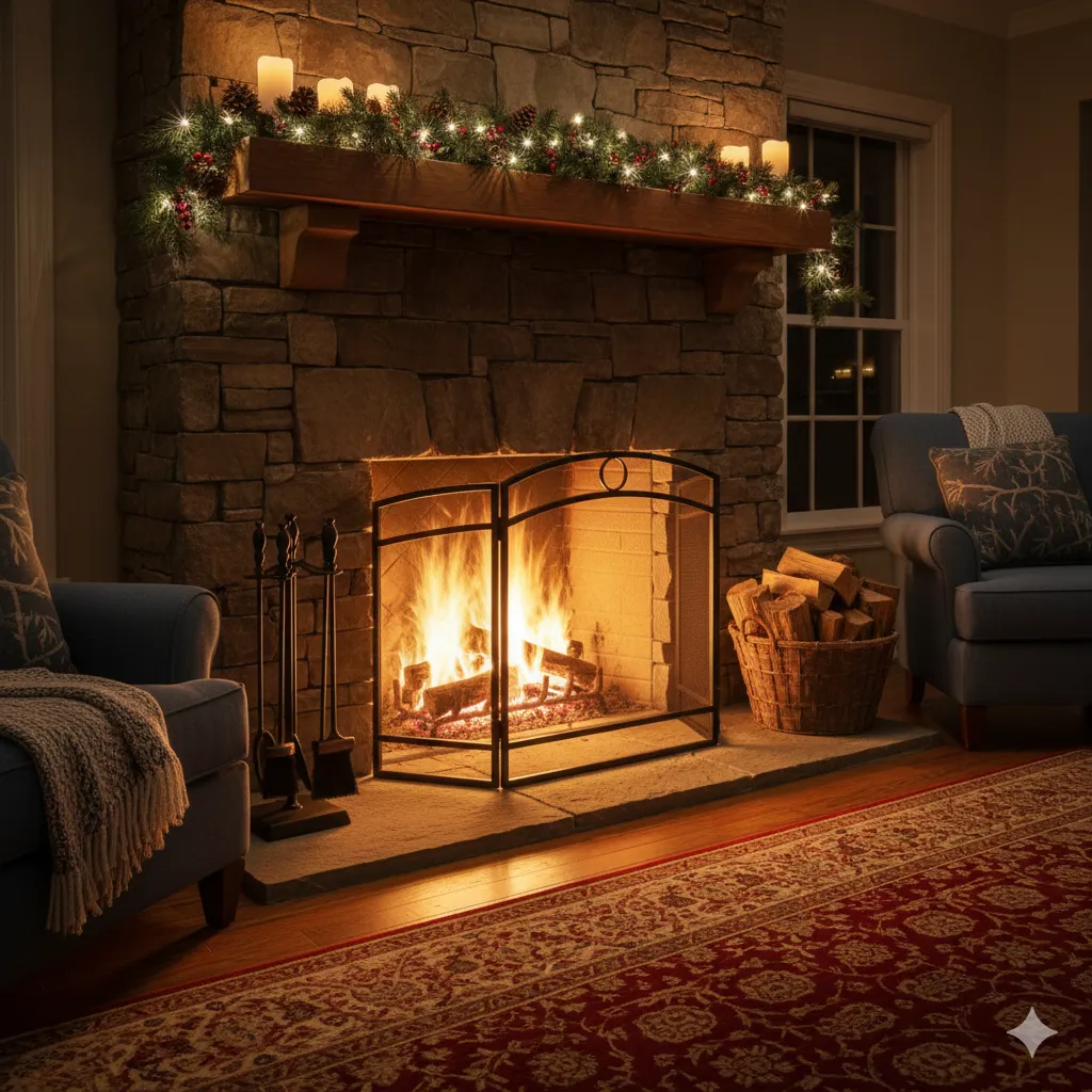 Cozy living room with a crackling fire in a stone fireplace, decorated with a garland and candles. Two blue armchairs and a red patterned rug add warmth.