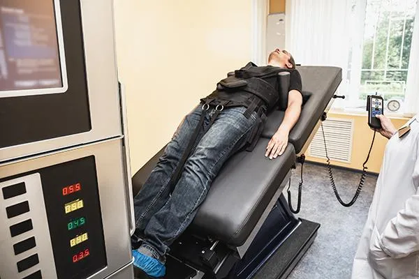 Patient receiving non-surgical spinal decompression therapy in a calming clinic setting