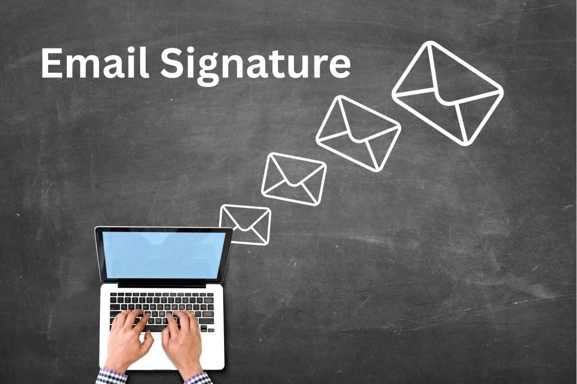 Promotional banner for Collective Power’s ‘Email Signature Service’ featuring a dark, abstract background with floating envelope graphics. Text highlights logo and social media link integration, custom design, mobile-friendly format, and contact info integration.