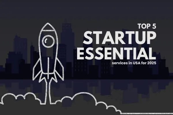 Chalk-style rocket sketch taking off against a city skyline, labeled ‘Top 5 Startup Essential Services in USA for 2025.’ Ideal for entrepreneurs seeking brand identity, digital marketing, and growth strategies.