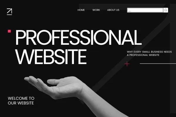 A modern website homepage with bold text “Professional Website” and a welcoming hand gesture. Perfect for small business branding, website development, and professional web design highlighting why having a professional website is essential for credibility and online visibility in 2025.