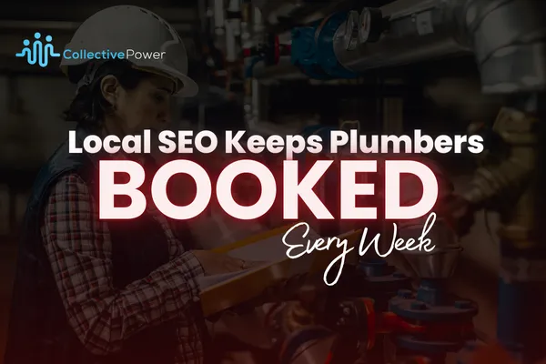 Female plumber checking equipment in a mechanical room, with text ‘Local SEO Keeps Plumbers Booked Every Week.’ A digital marketing banner targeting plumbing leads through SEO strategies to stay fully booked.