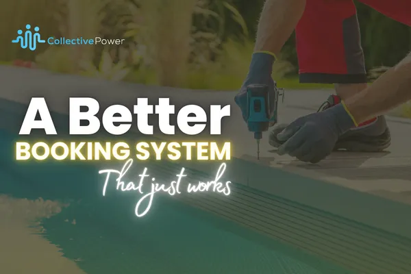 Pool technician using a power drill near a pool deck, promoting a better booking system for pool cleaning businesses. Great for pool service scheduling, booking software for pool pros, and pool maintenance leads in 2025